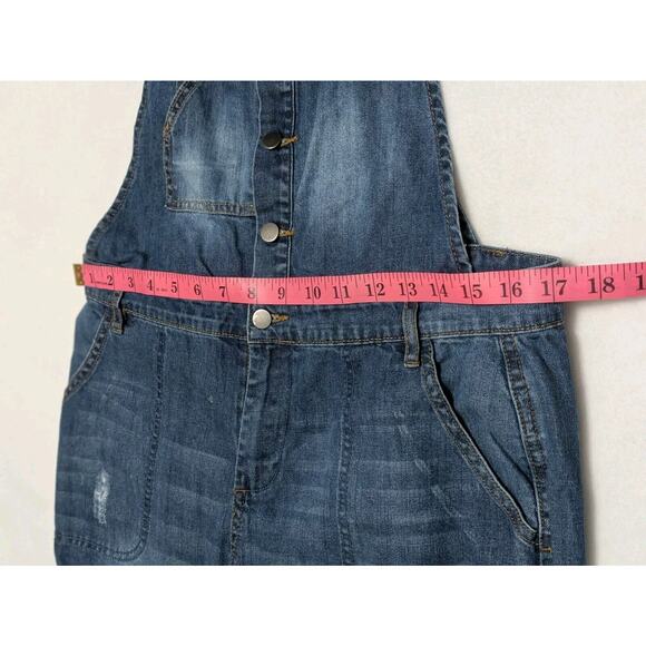 FOREVER 21 Bib Overalls Sz 28 Button Up Blue Medium Wash Denim Distressed Y2k - Picture 9 of 14
